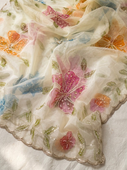 Handpainted Organza Dupatta with Pearls & Beads Work