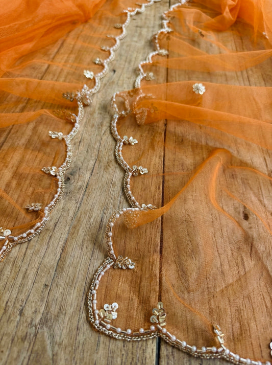 Orange Net Scalloped Border Dupatta with Beads Embellishment – Elegant Party Wear