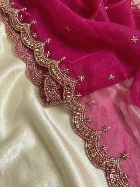 Pink Organza Dupatta with Beads and Zari Work – Bridal Wedding Wear
