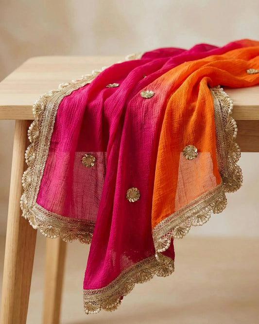 Pink & Orange Dual Shade Chiffon Dupatta with Cutwork Border – Festive Wear
