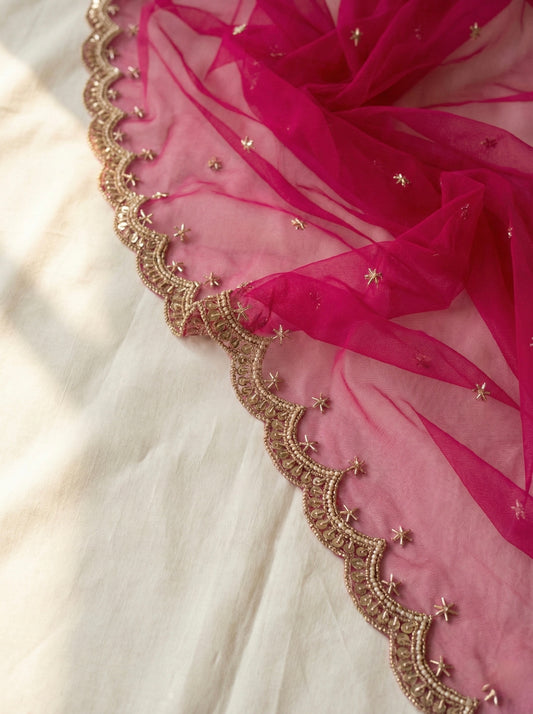 Pink Bridal Net Dupatta with Zari & Beads Work