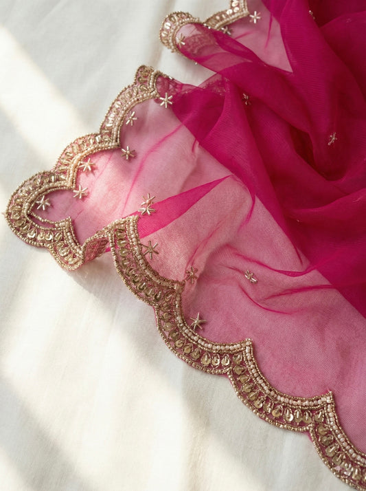 Pink Bridal Net Dupatta with Zari & Beads Work