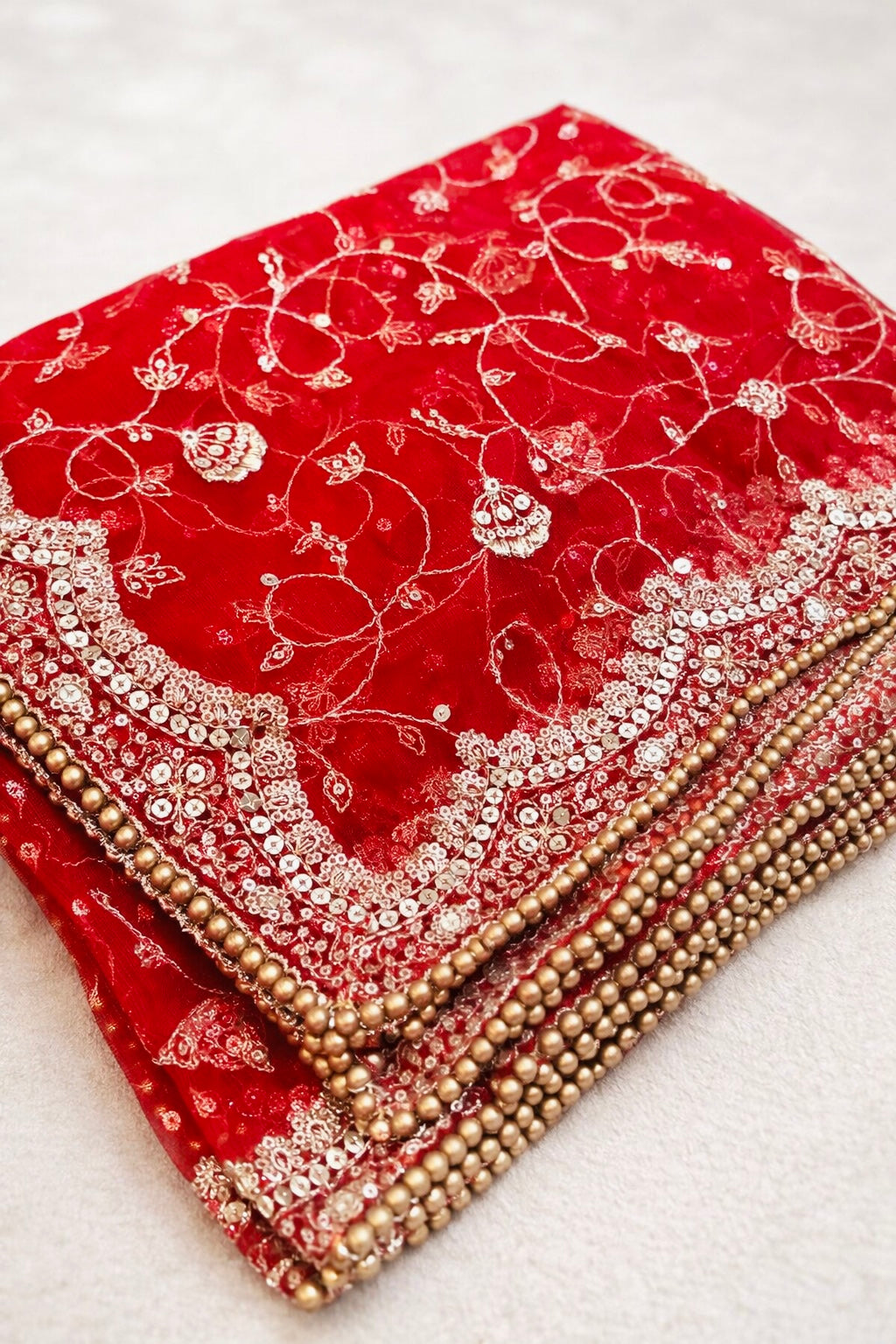 Red Bridal Net Dupatta - Designer Heavy Embroidery Jaal Work