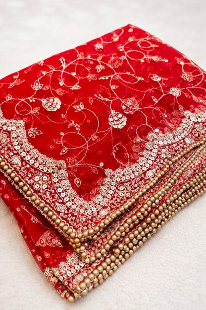 Red Bridal Net Dupatta - Designer Heavy Embroidery Jaal Work