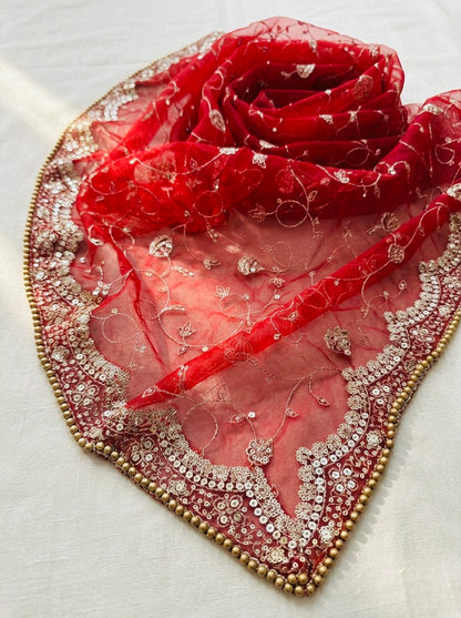 Red Bridal Net Dupatta - Designer Heavy Embroidery Jaal Work
