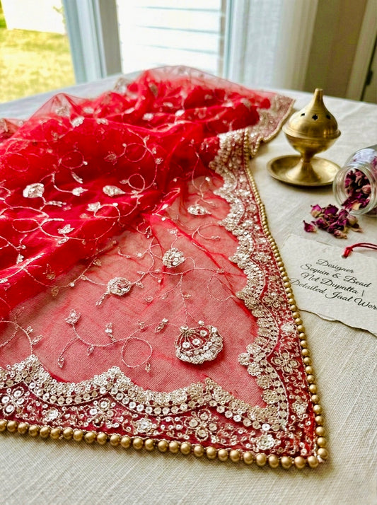 Red Bridal Net Dupatta - Designer Heavy Embroidery Jaal Work