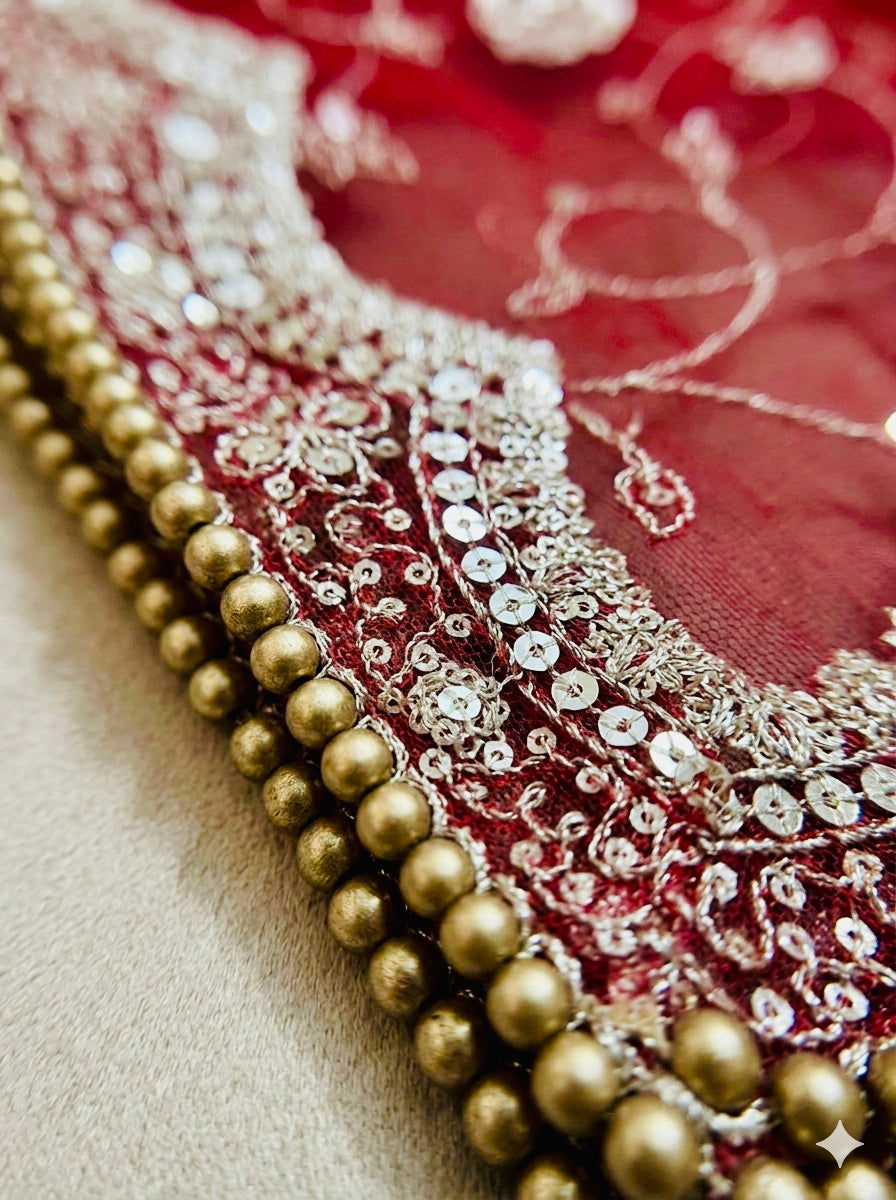 Red Bridal Net Dupatta - Designer Heavy Embroidery Jaal Work