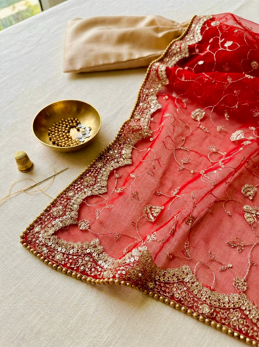 Red Bridal Net Dupatta - Designer Heavy Embroidery Jaal Work