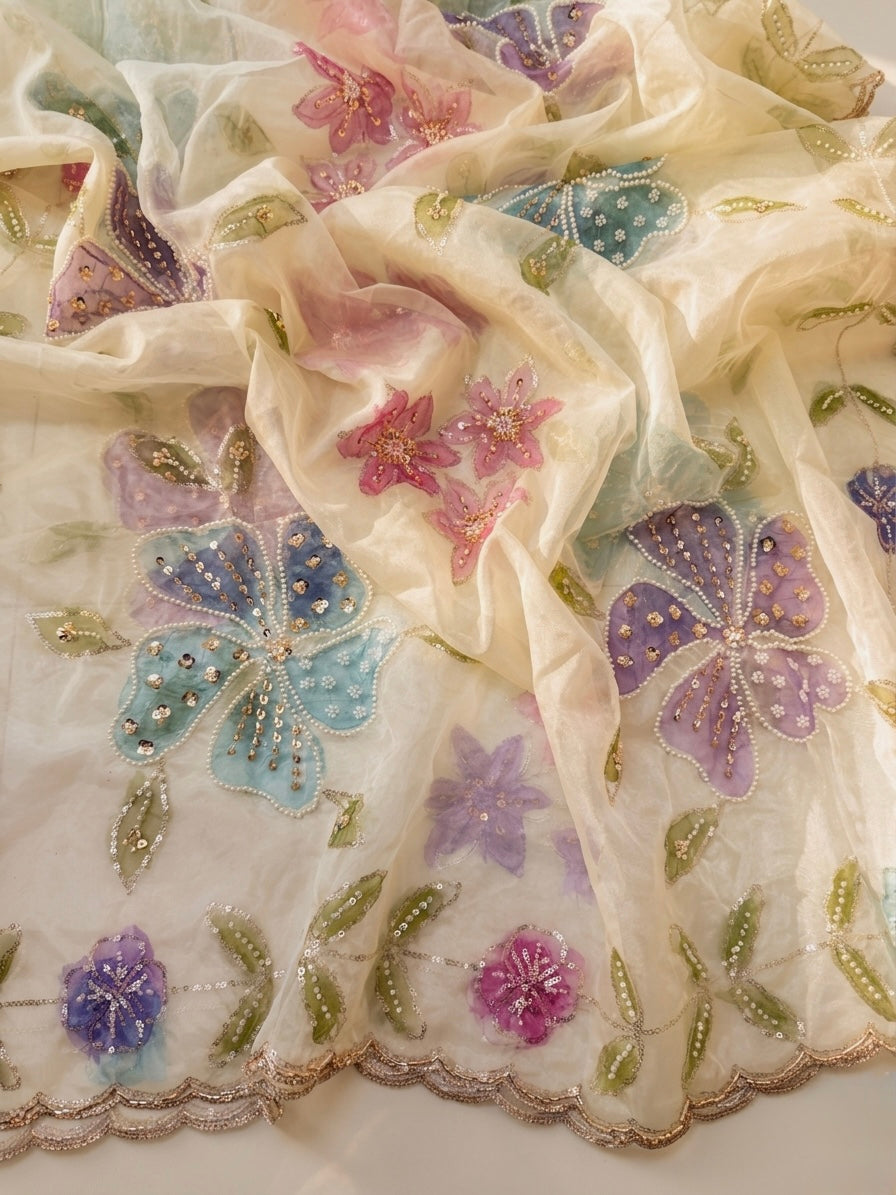 Hand Painted Organza Dupatta – Floral Lightweight Elegance