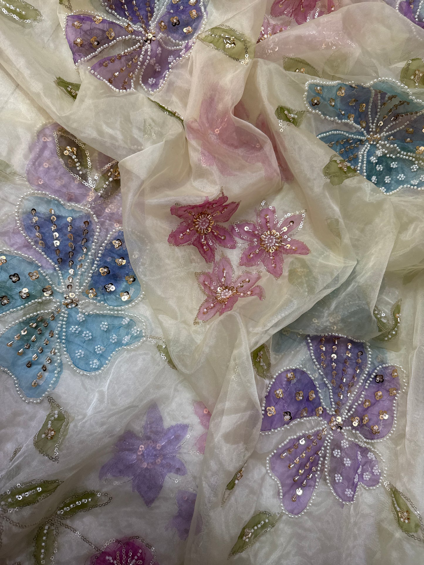 Hand Painted Organza Dupatta – Floral Lightweight Elegance