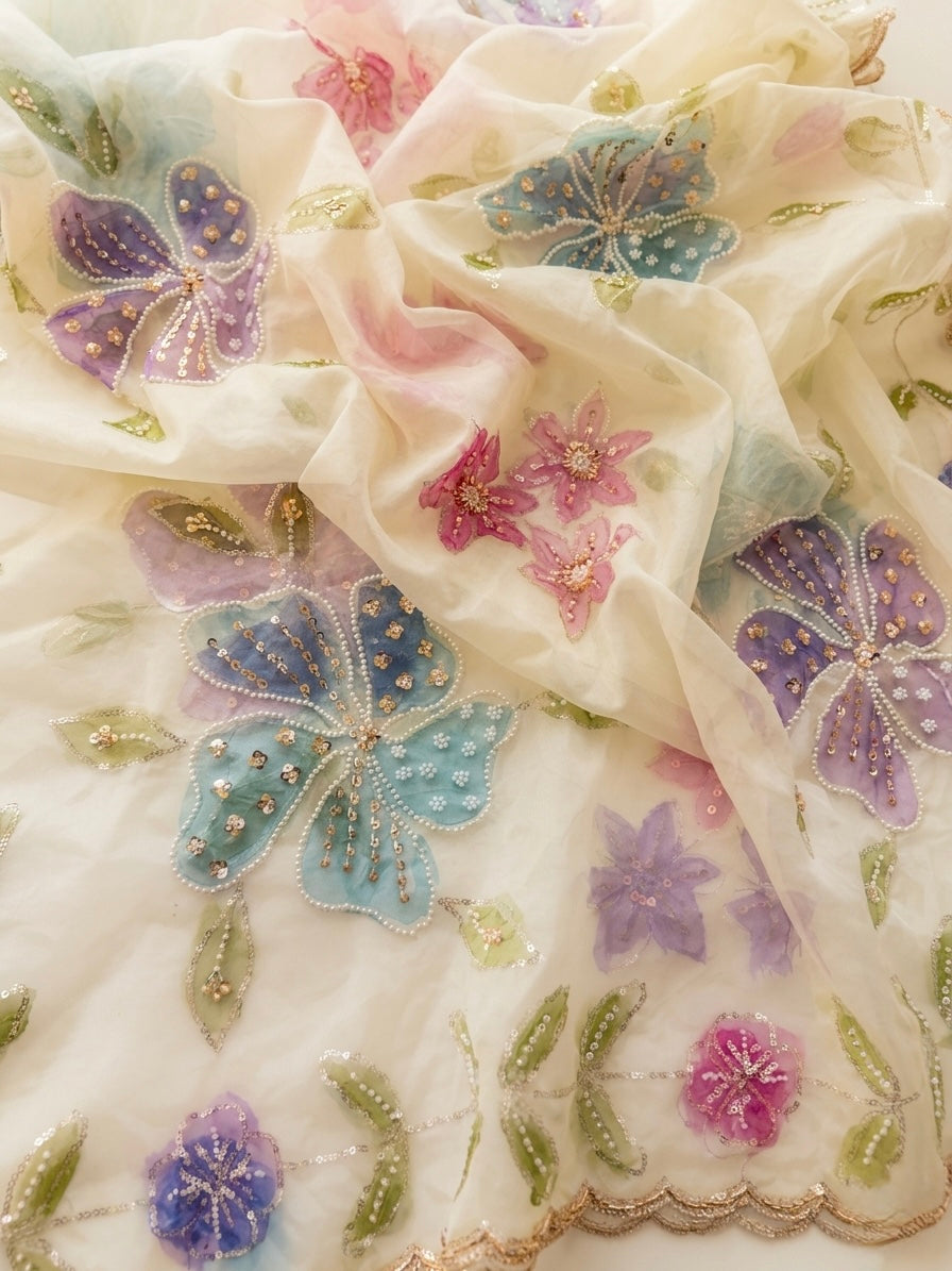 Hand Painted Organza Dupatta – Floral Lightweight Elegance