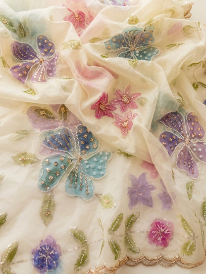 Hand Painted Organza Dupatta – Floral Lightweight Elegance