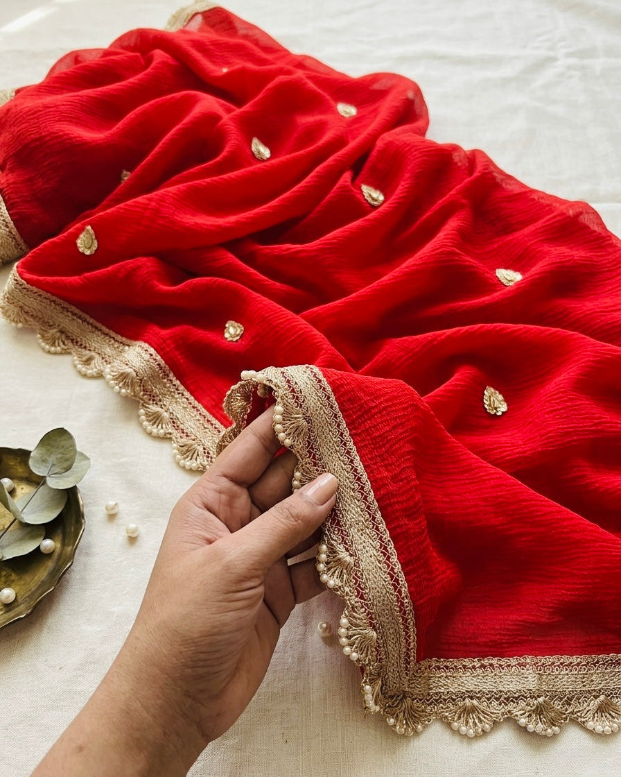 Elegant Red Chiffon Dupatta with Cutwork Border – Bridal & Festive Wear