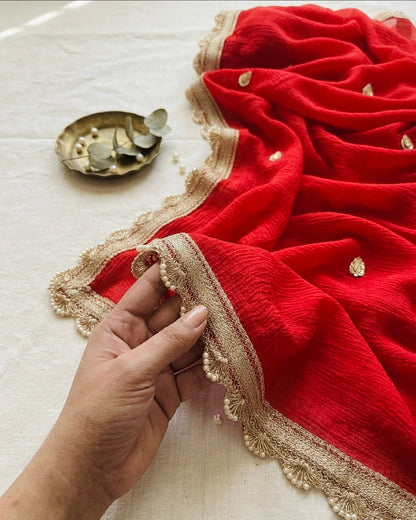 Elegant Red Chiffon Dupatta with Cutwork Border – Bridal & Festive Wear