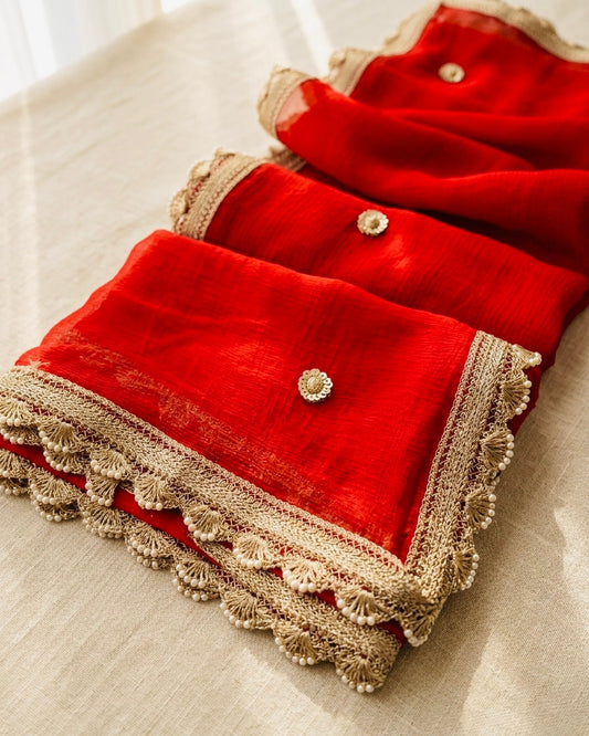 Elegant Red Chiffon Dupatta with Cutwork Border – Bridal & Festive Wear