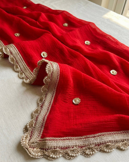 Elegant Red Chiffon Dupatta with Cutwork Border – Bridal & Festive Wear