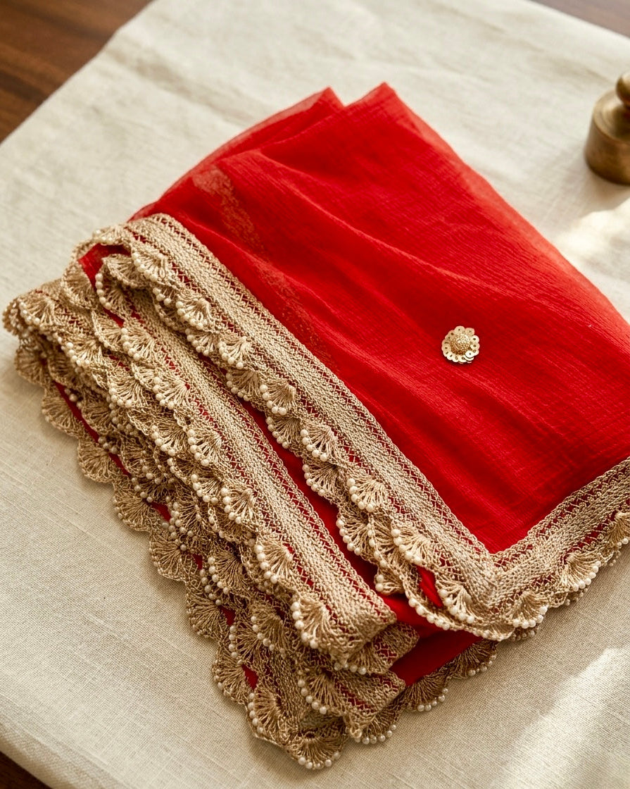 Elegant Red Chiffon Dupatta with Cutwork Border – Bridal & Festive Wear