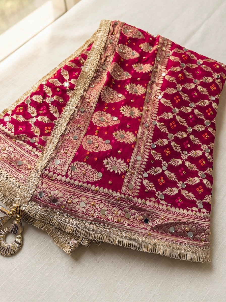 Pink Banarasi Mirror Work Dupatta in Georgette – Bridal & Festive Wear