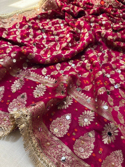 Pink Banarasi Mirror Work Dupatta in Georgette – Bridal & Festive Wear