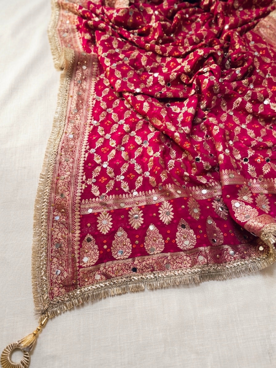 Pink Banarasi Mirror Work Dupatta in Georgette – Bridal & Festive Wear