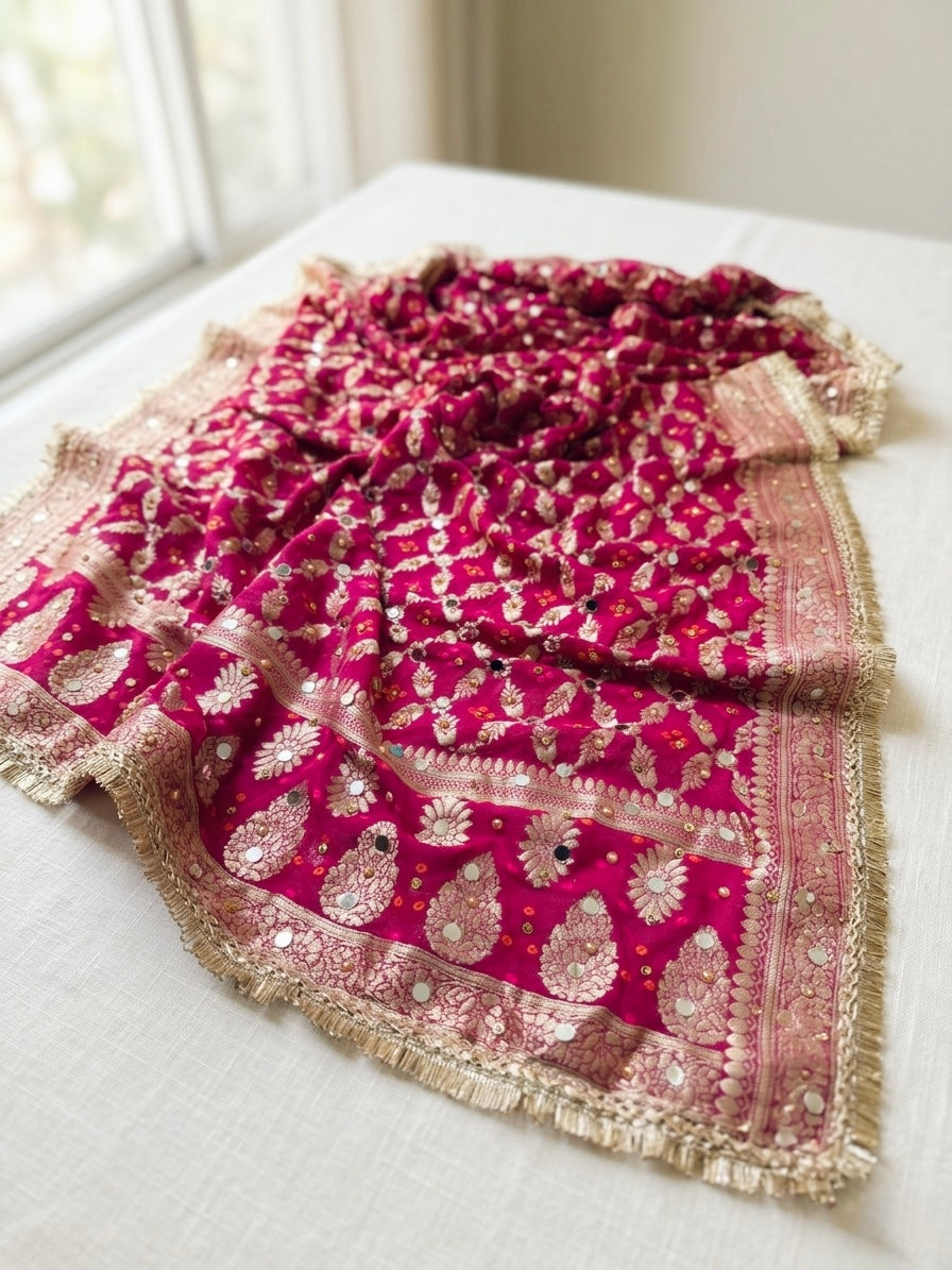 Pink Banarasi Mirror Work Dupatta in Georgette – Bridal & Festive Wear