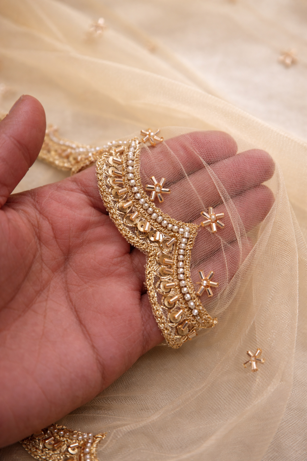 Bridal Golden Net Dupatta with Beads Cutwork