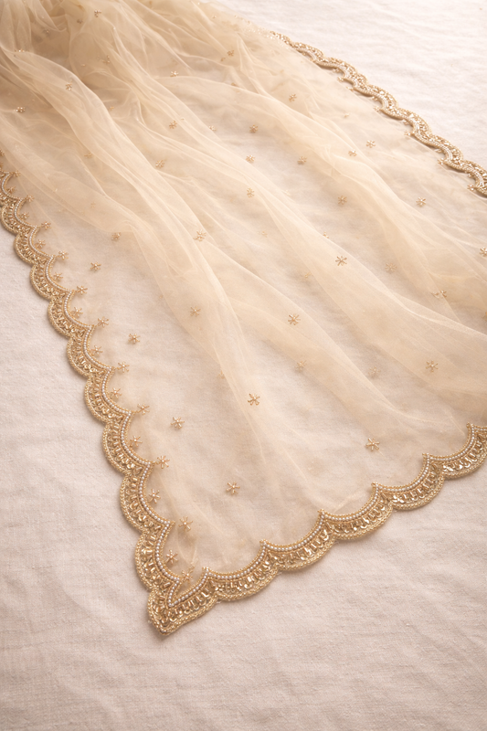 Bridal Golden Net Dupatta with Beads Cutwork