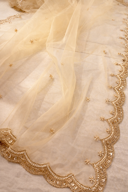 Bridal Golden Net Dupatta with Beads Cutwork