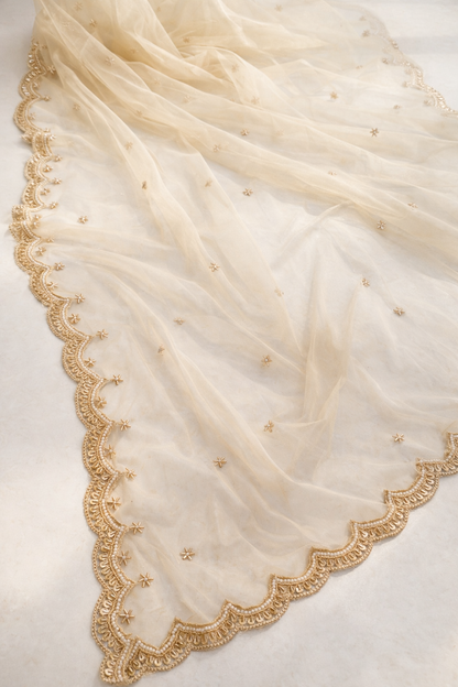 Bridal Golden Net Dupatta with Beads Cutwork
