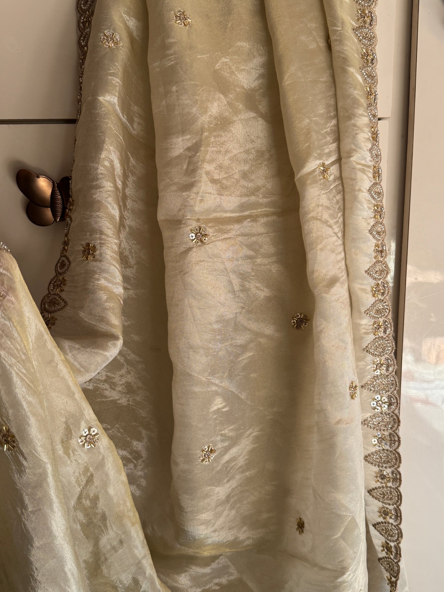 Premium Golden Tissue Dupatta with Beads & Sequins Work | Bridal Festive Wear