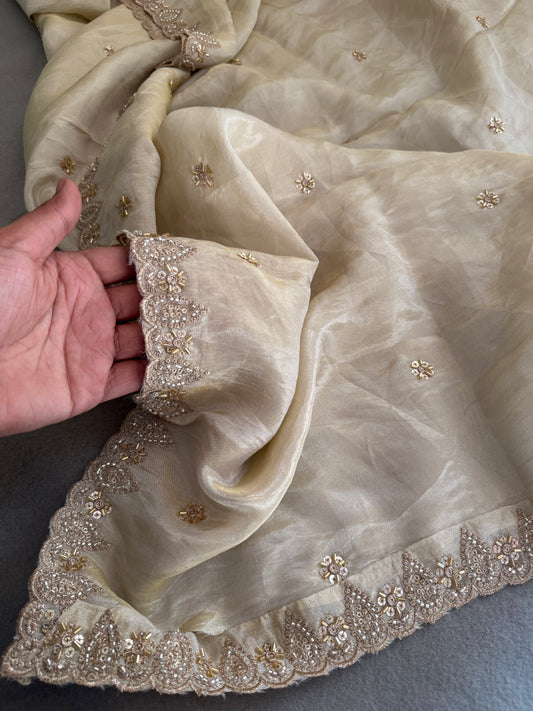 Premium Golden Tissue Dupatta with Beads & Sequins Work | Bridal Festive Wear