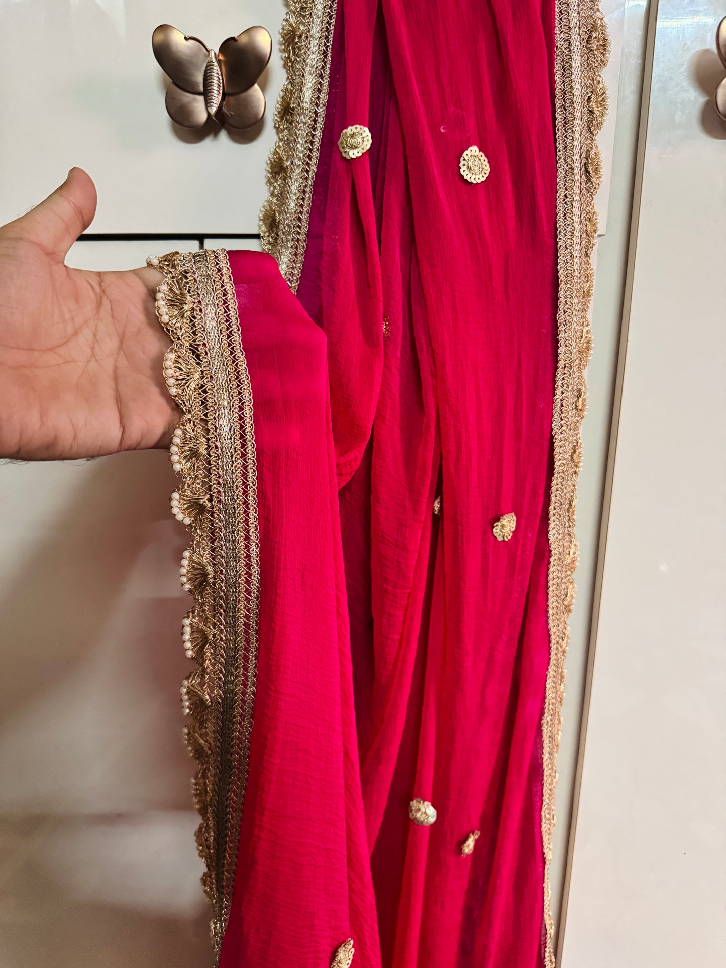 Pink Chiffon Dupatta with Elegant Cutwork Border