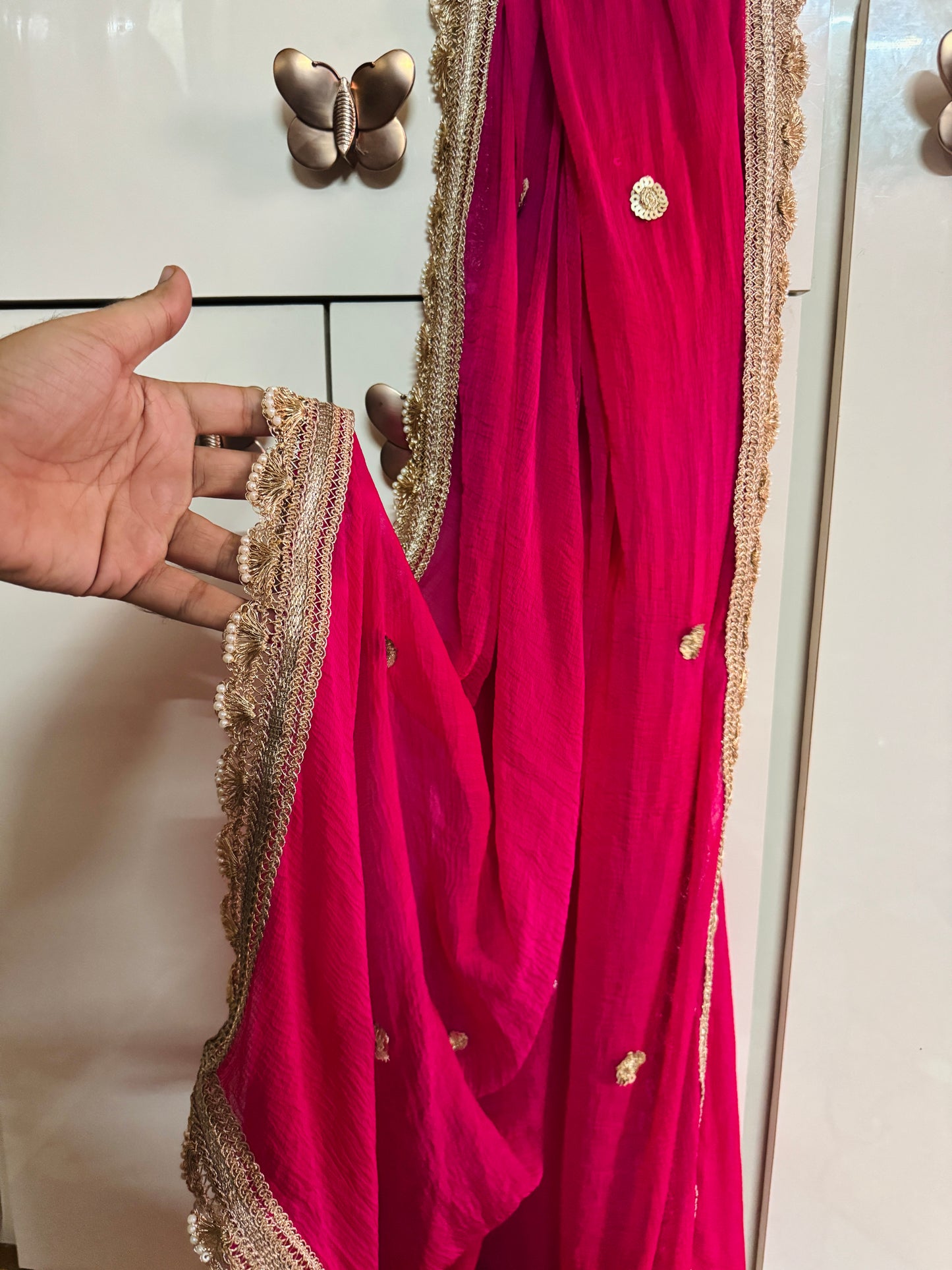 Pink Chiffon Dupatta with Elegant Cutwork Border
