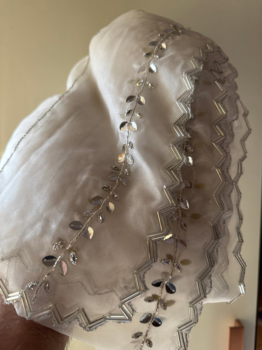 White Organza Hand-Embroidered Dupatta | Lightweight Bridal Scarf | Indian Ethnic Stole