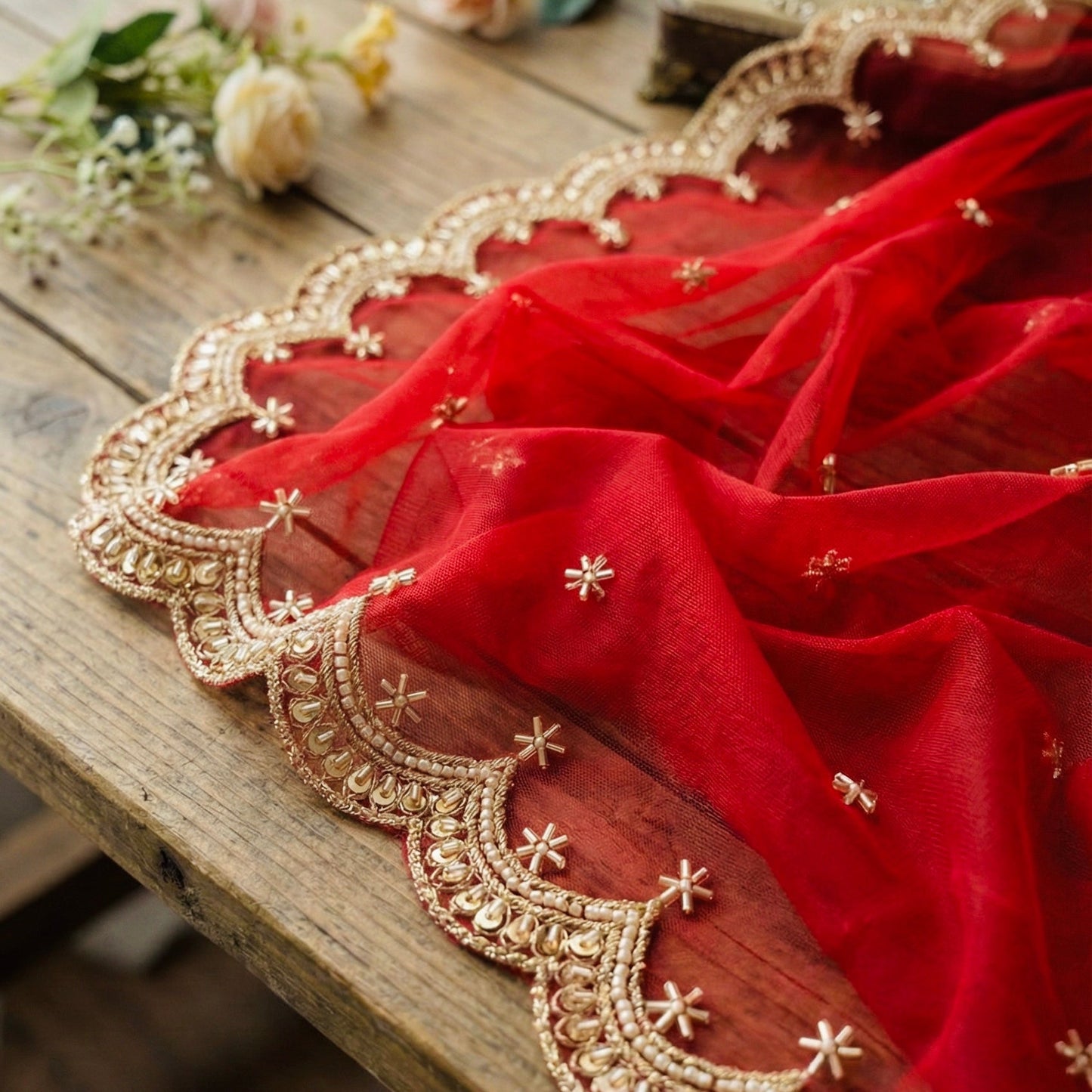 Red Bridal Net Dupatta with Zari & Beads Work – Wedding & Festive Wear