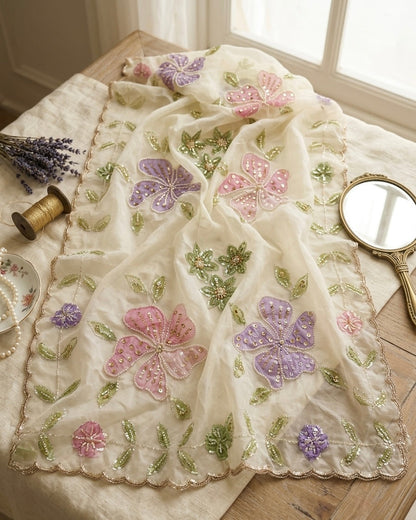 Handpainted Floral Organza Dupatta | Premium Indian Ethnic Wear