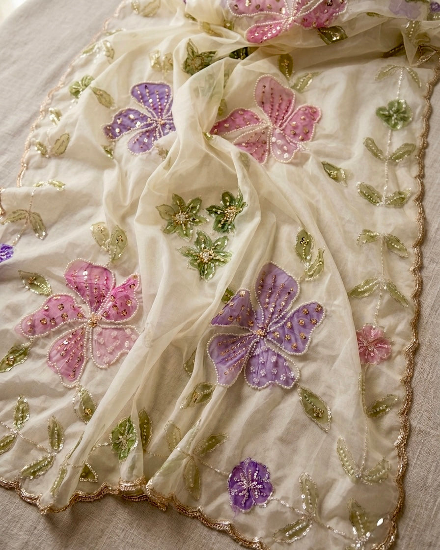 Handpainted Floral Organza Dupatta | Premium Indian Ethnic Wear