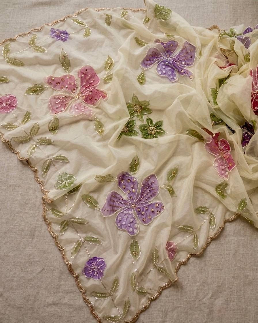 Handpainted Floral Organza Dupatta | Premium Indian Ethnic Wear