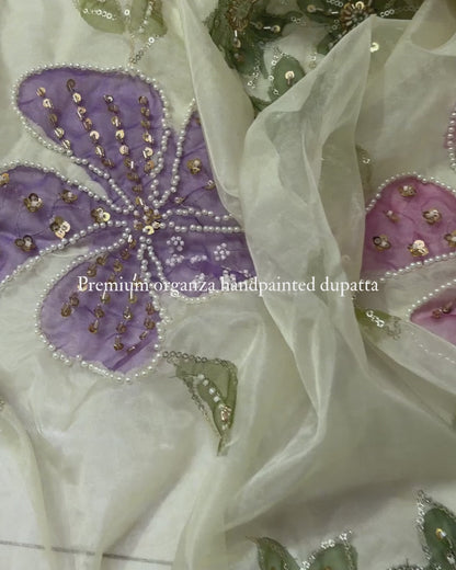 Handpainted Floral Organza Dupatta | Premium Indian Ethnic Wear