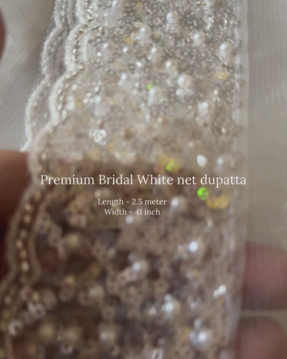 White Net Bridal Dupatta with Silver Sequins and Pearl Embellishments