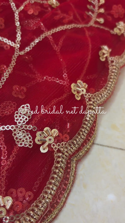 Heavy Red Bridal Net Dupatta with Sequin & Bead Embroidery