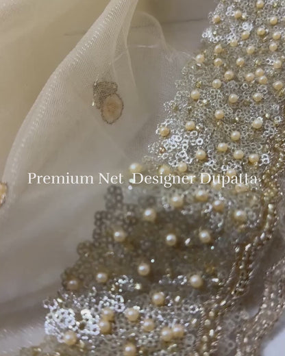 Bridal Golden Net Dupatta with Sequins & Beads Cutwork