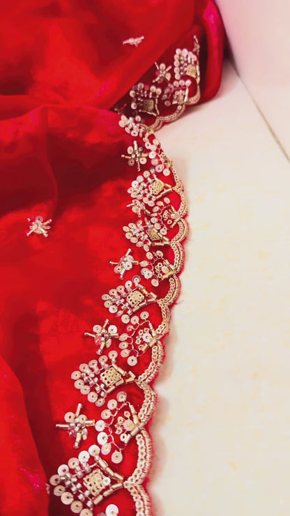 Red Bridal Silky Dupatta with Beads & Sequins Work