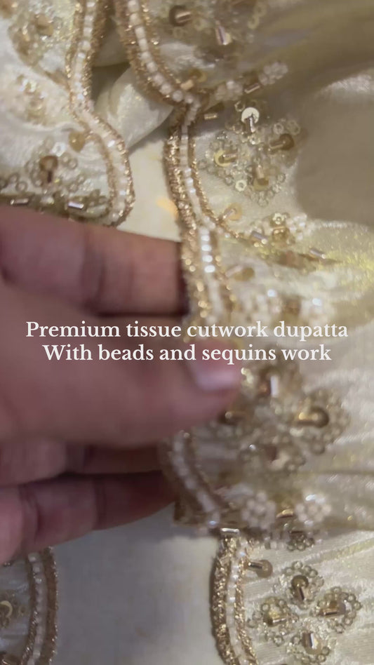 “Golden Tissue Dupatta with Beads & Zari Work