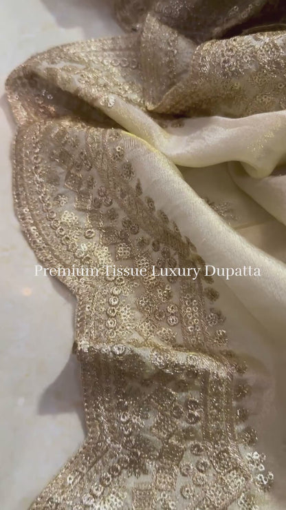 Luxury Golden Tissue Silk Dupatta with Zari Border | Wedding & Festive Wear