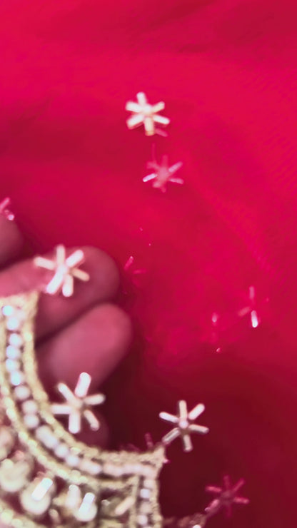 Red Bridal Net Dupatta with Zari & Beads Work – Wedding & Festive Wear