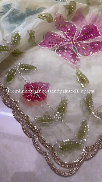 Handpainted Organza Dupatta with Pearls & Beads Work