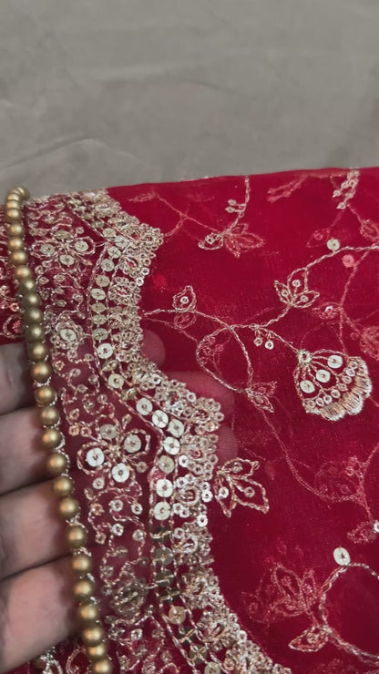 Red Bridal Net Dupatta - Designer Heavy Embroidery Jaal Work