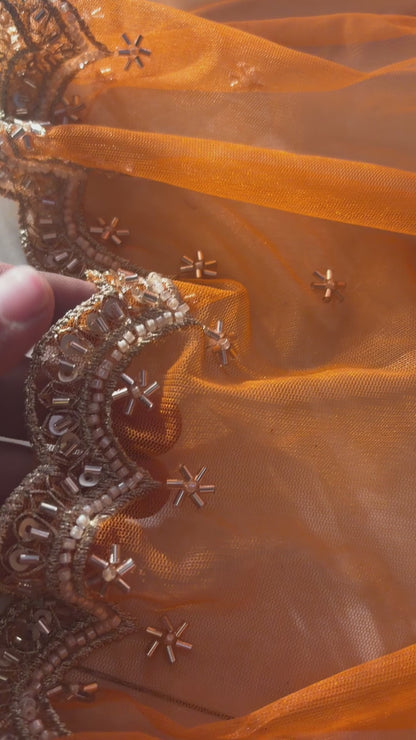 Orange Net Cutwork Dupatta with Beads & Zari Embroidery – Festive Ethnic Wear