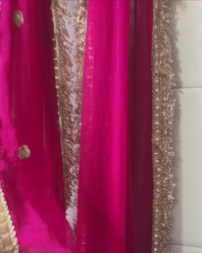 Rani Pink Chiffon Dupatta with Golden Zari Border | 2.5 Meter Lightweight Ethnic Wedding Dupatta